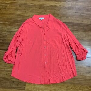 Skies Are Blue Curvy Button Down Top Women 1X Pink Roll Tab Sleeve Pocket Blouse
